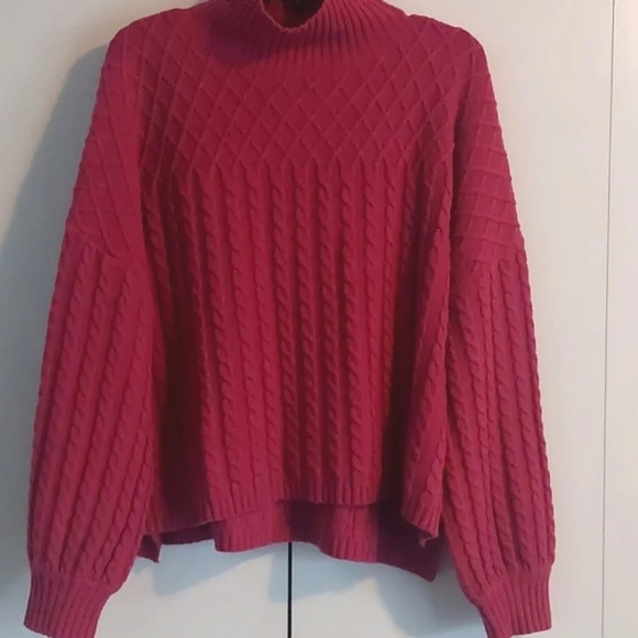Anthropologie Oliver.o chunky cable knit balloon sleeve Pink Sweater large - Picture 1 of 7